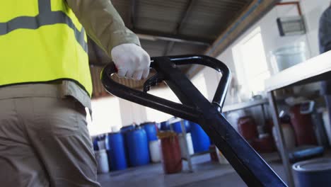 worker pulling a trolley with crate in olive factory 4k