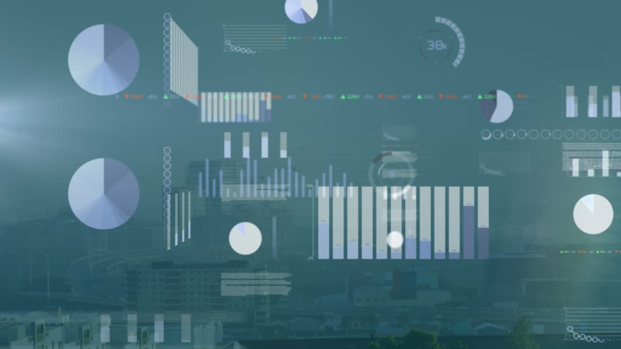 Animation of statistical and stock market data processing against aerial view of cityscape