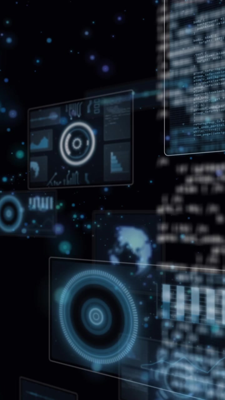 Animation of glowing blue spots of light over round scanners and data processing on black background