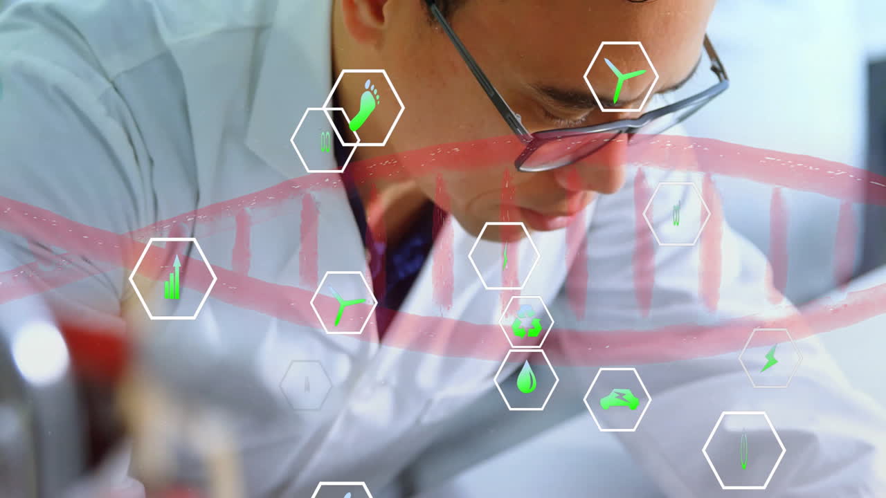 dna 스트랜드의 애니메이션, 연구실에서 아시아 남성 과학자에 대한 과학적 데이터 처리