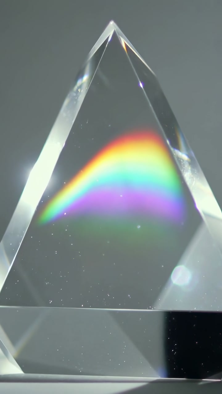 Vertical video: Receiving left beam, faceted crystal prism refracting shifting rainbow on tabletop
