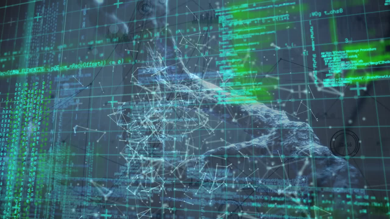 Animation of digital infographic interface with dna molecule and dots connecting with lines