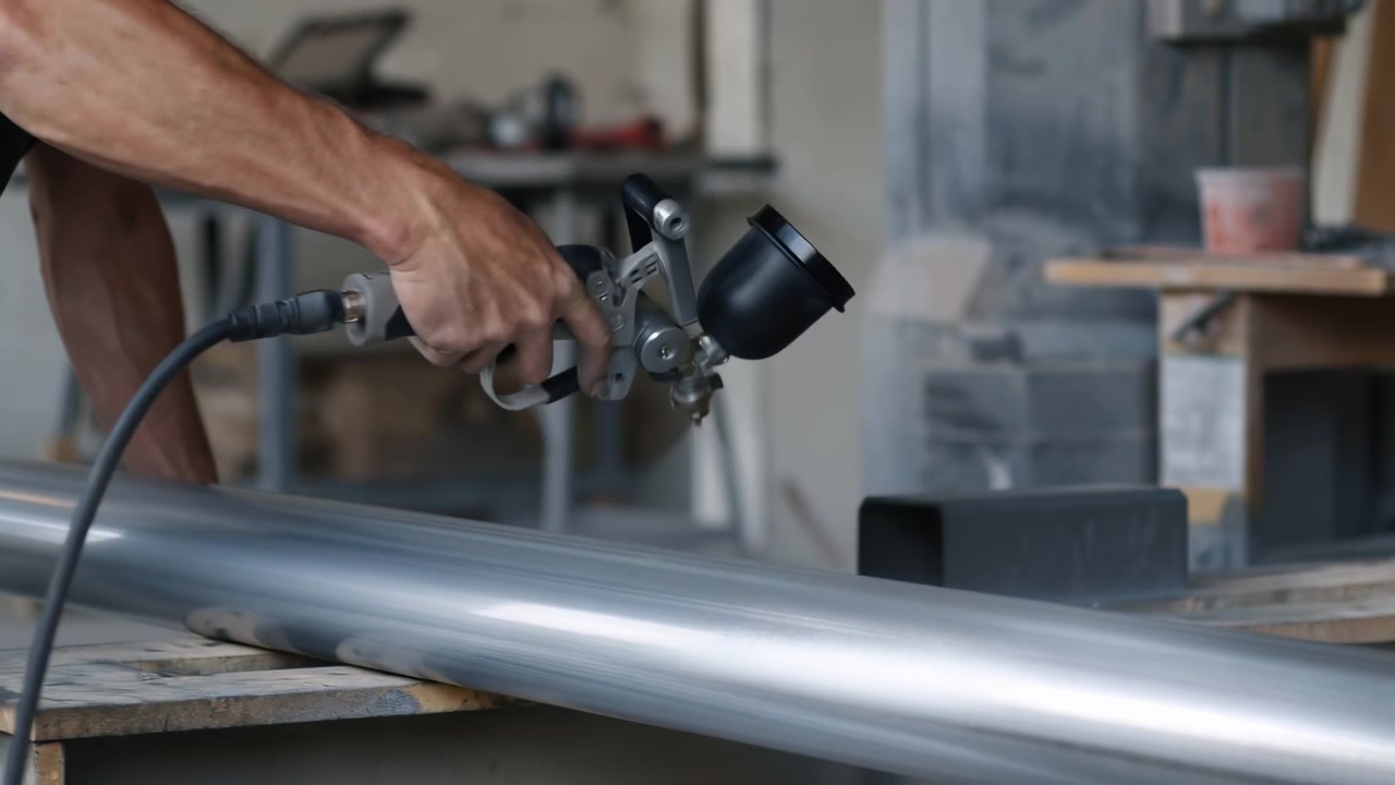 Hand guides spray gun steadily above cylindrical metal pipe as fine coating is applied across its smooth surface, with workbench, hose, tools, and workshop equipment visible behind.