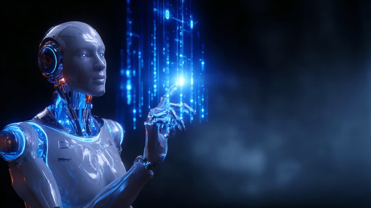 Robot umanoide futuristico con flussi di dati olografici, che mostra tecnologia avanzata e capacità IA in un ambiente digitale