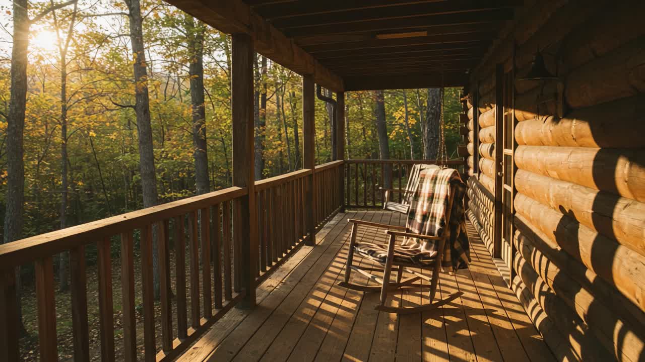 Cozy Log Cabin Porch in an Autumn Forest