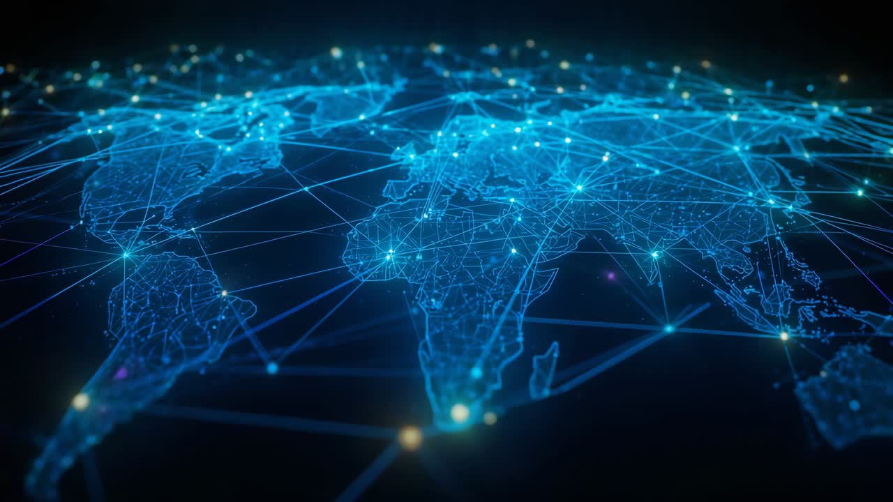 Drifting world map reacting to scene opening in virtual space, pulsing network nodes to send data