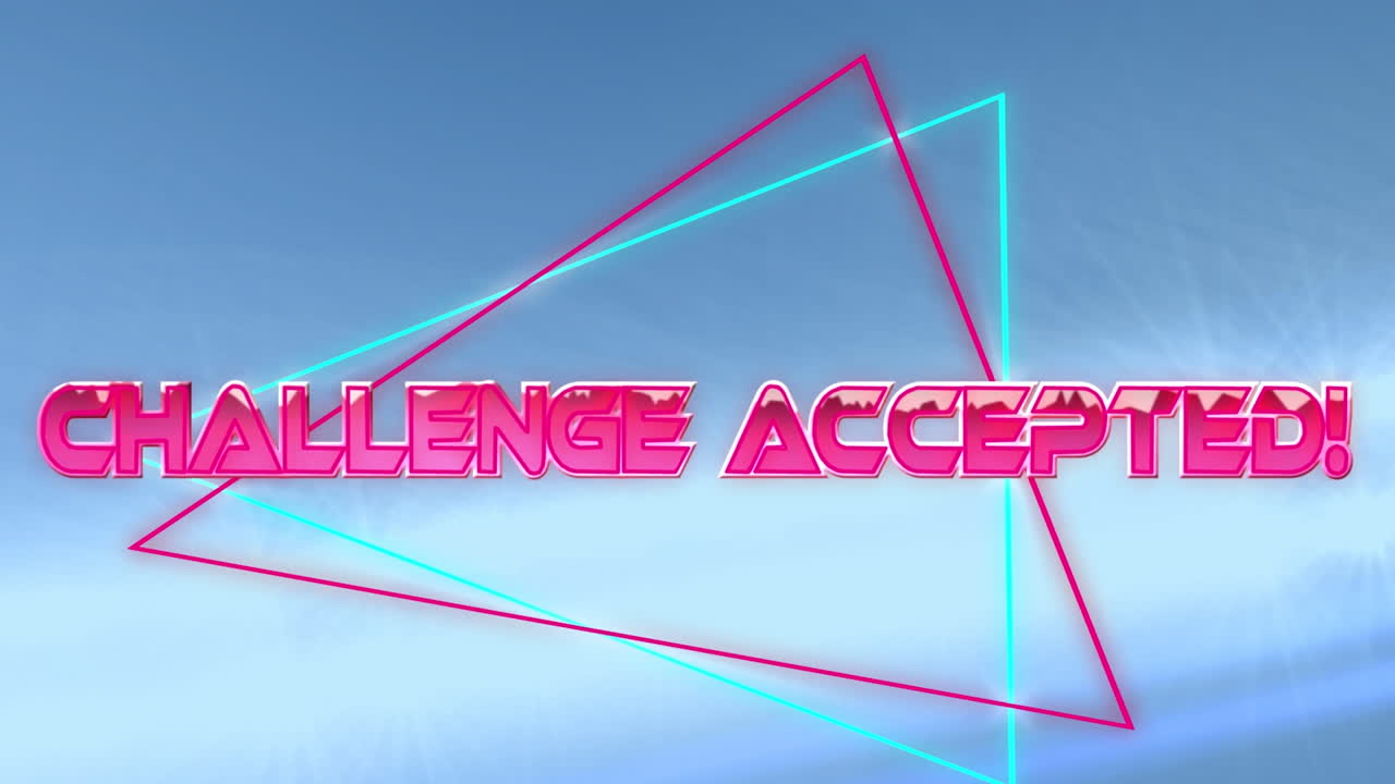 파란색 바탕에 빛의 반점에 대한 네온 삼각형 위에 받아들여진 도전 텍스트