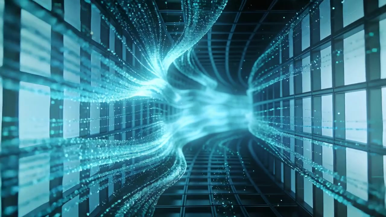 Flowing turquoise particle ribbons curling along virtual corridor, brightening core as glow forms