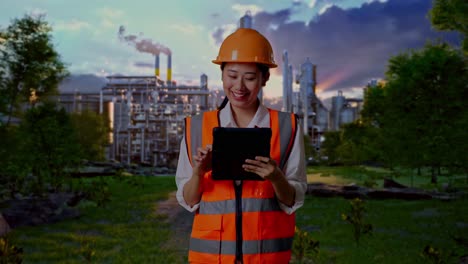 asian female engineer with safety helmet working on a tablet while standing in front of oil refinery