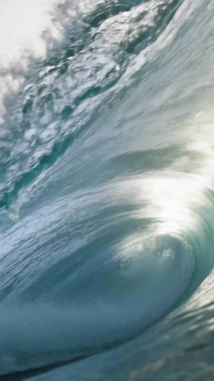 Vertical video: Moving curling ocean wave carrying camera through barrel at surf zone, lip curling