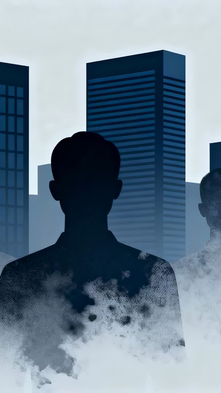 Vídeo vertical: niebla que avanza mientras el hombre del centro se difumina, transformándose en humo y disolviéndose entre las torres