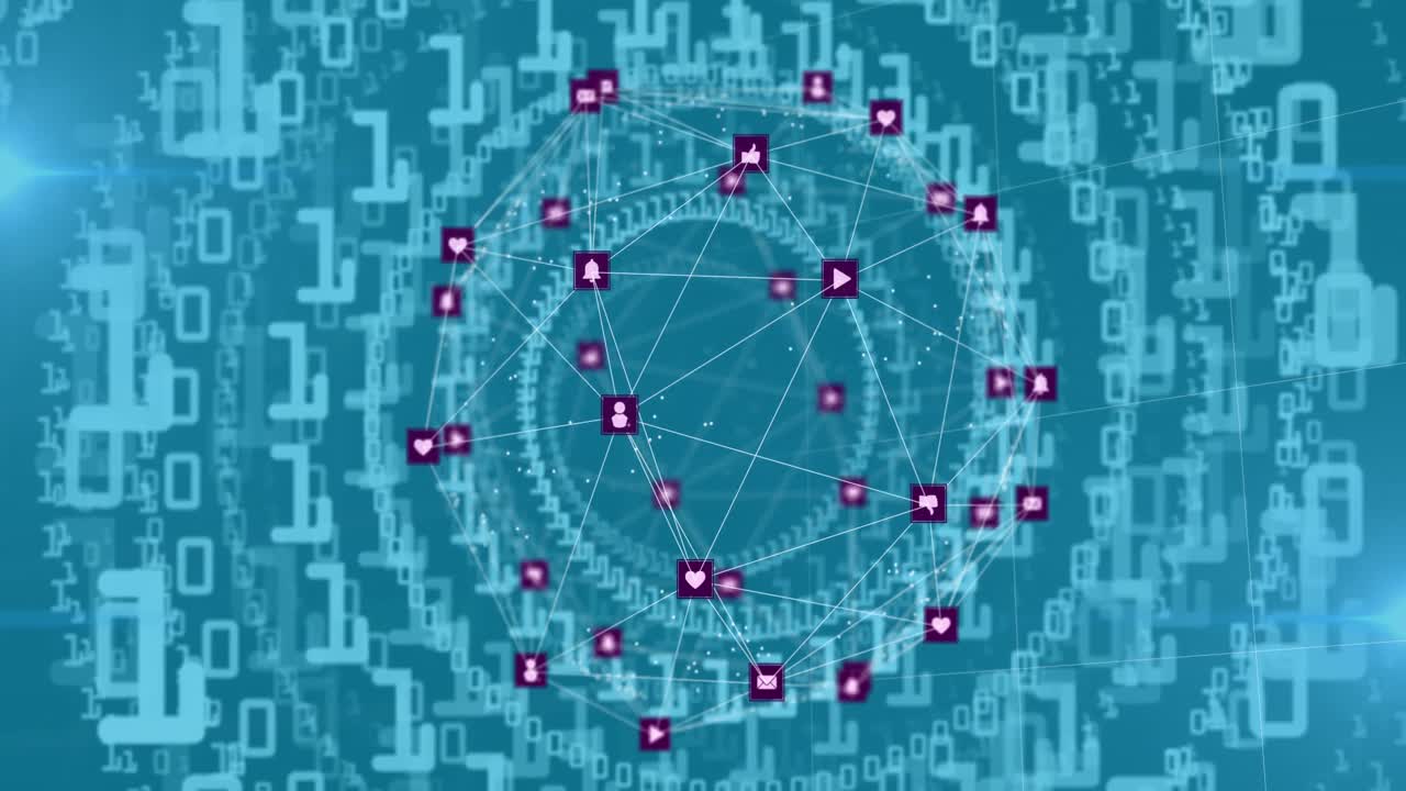 animación de la red de conexiones con iconos sobre codificación binaria