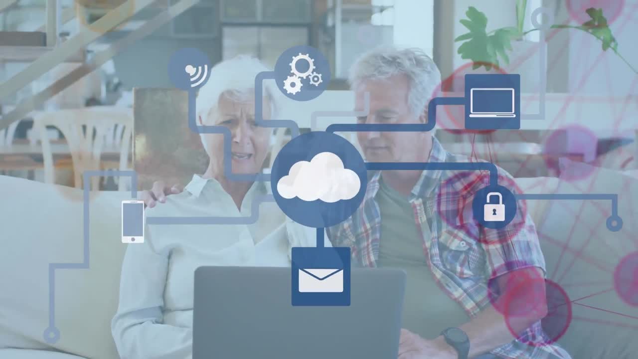 animación de iconos de los medios sobre una pareja caucásica mayor usando una computadora portátil