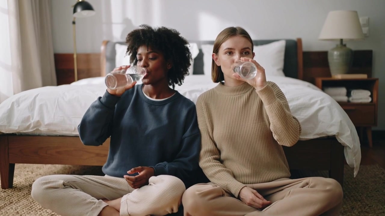 Dua wanita memegang botol bening setinggi dada, menyeruput air di atas karpet tenun di kamar tidur, menjaga hidrasi.