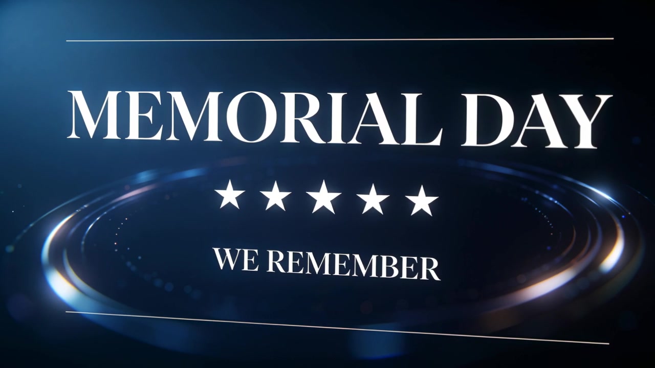 Mantenendo il titolo MEMORIAL DAY centrato, cinque stelle e la scritta NOI RICORDIAMO, uno zoom che crea anelli, onorando