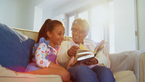 abuela y hija leyendo un libro en la sala de estar 4k