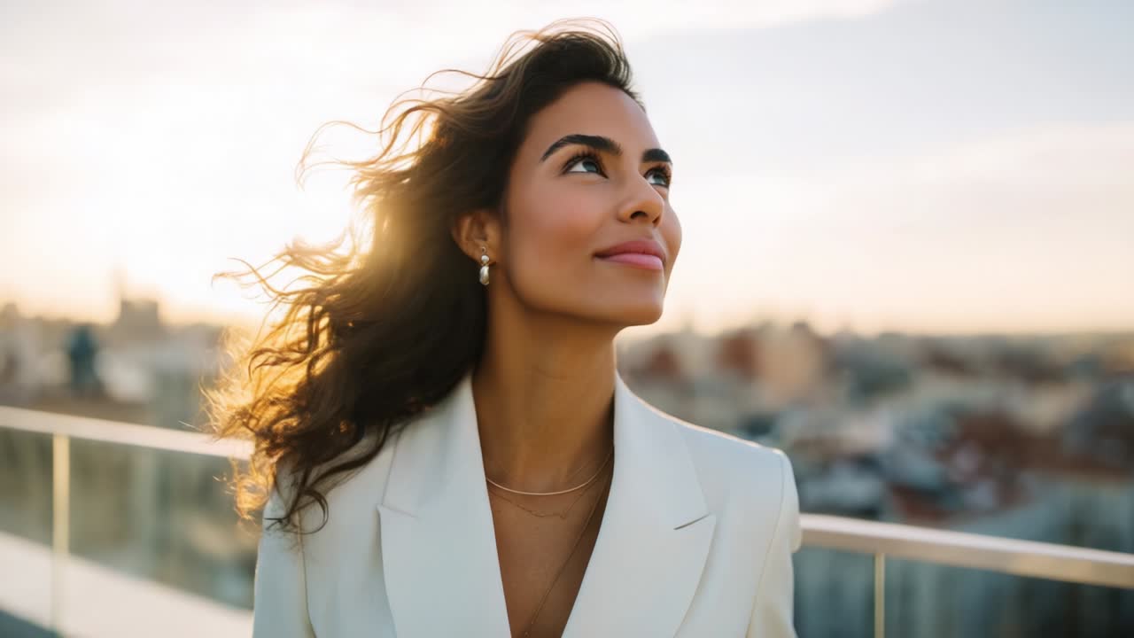 Graceful woman with flowing hair gazes into the distance as the sun sets, capturing a moment of tranquility and reflection against a beautiful urban skyline backdrop