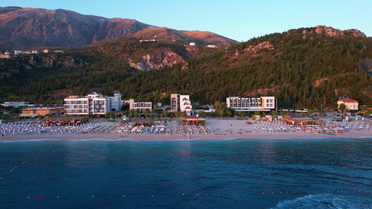 Twilight Golden Hour Sunset Seaside Beach Hotels Glow Over Romantic Ionian Coastline Holidays