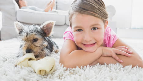 animation of cute little pet dog with happy caucasian family