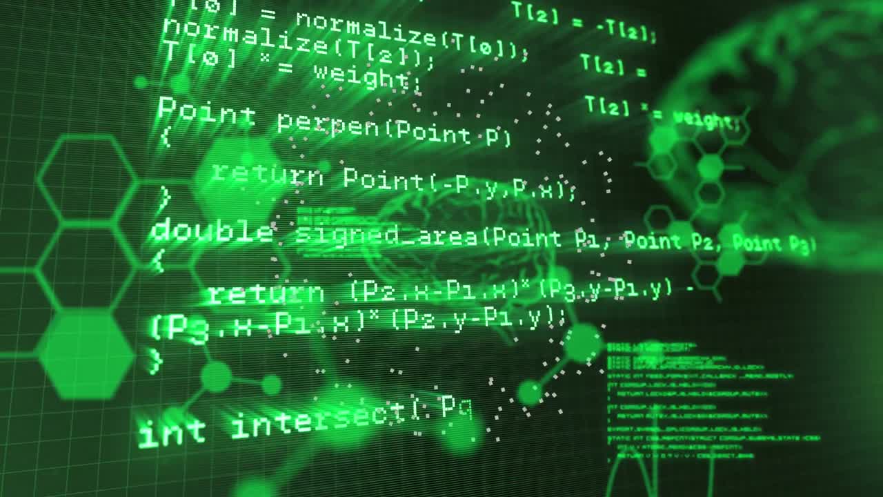 animação de cérebros humanos verdes iluminados com estrutura molecular e dados de programação