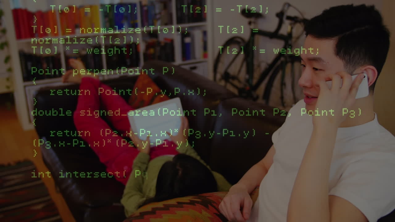 animación del procesamiento de datos sobre hombres biraciales que usan teléfonos inteligentes