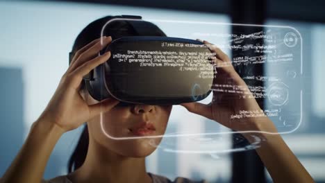 exploring digital realities: a woman engaged in virtual reality experiences, immersed in a high-tech environment transforming her perception of information and surroundings