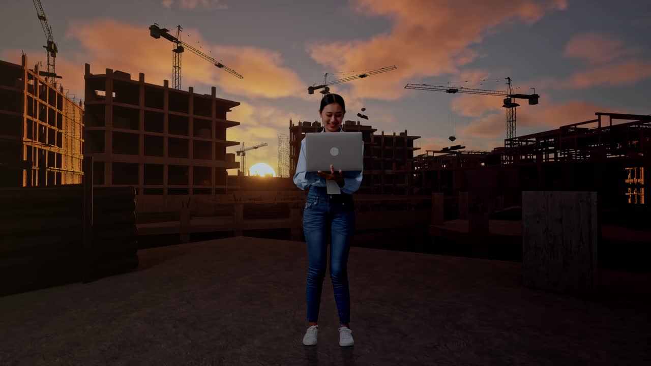 Figura intera di una donna asiatica con il suo laptop in un cantiere edile per una nuova casa. Osserva guardandosi intorno prima di concentrarsi sul suo laptop