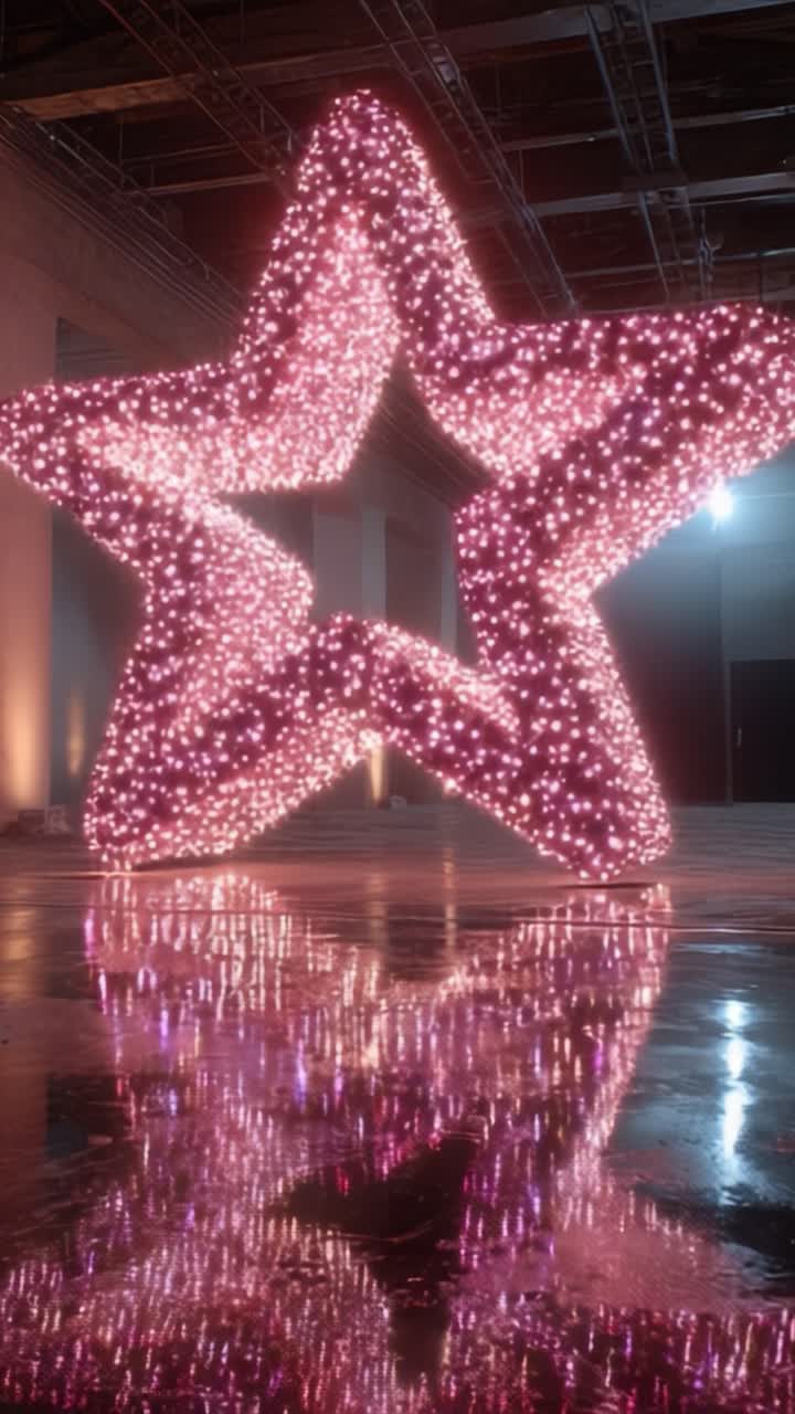 Scultura a forma di stella rosa illuminata che si riflette su un pavimento lucido durante un evento, mostrando un'opera d'arte creativa con luci abbaglianti ed elementi di design unici.