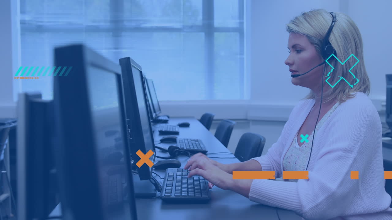 animación de marcadores sobre mujer de negocios caucásica usando auriculares de teléfono