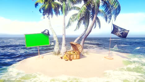 sand, sea, sky, clouds, palm trees, sharks and summer day. pirate island, a chest of gold, a wooden banner with a green screen and a pirate flag fluttering in the wind. a beautiful background loop.