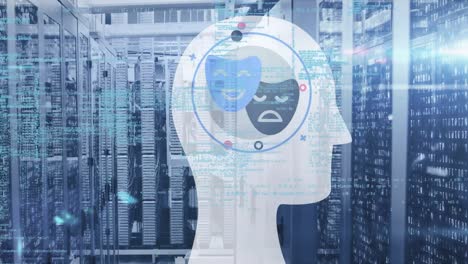 animación de la cabeza humana y procesamiento de datos a través de servidores informáticos.