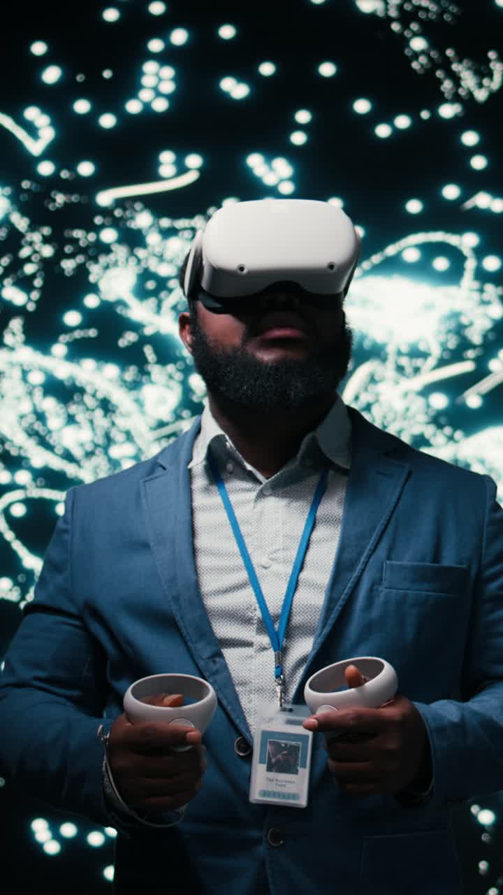 Vertical video Software developer monitoring AI cognitive systems using VR headset gear