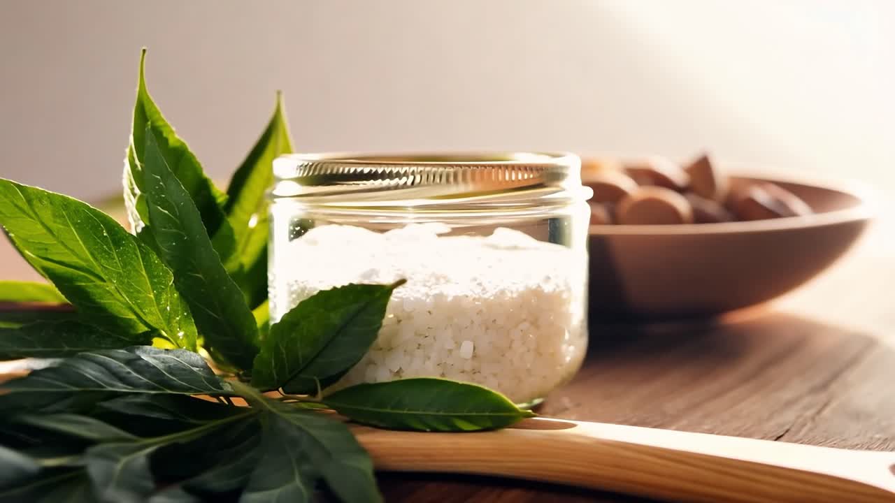 목욕 소금과 잎