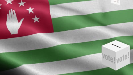 ballots fly to box for abkhazia selection - ballot box in front of flag - election - vote - flag of abkhazia - abkhazia flag high detail - national flag abkhazia wave pattern loopable elements - fabric texture and endless loop