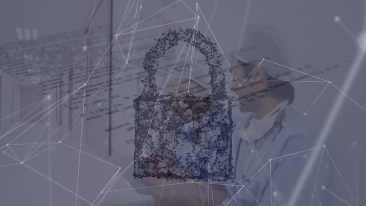 animación del procesamiento de datos con icono de candado y red de conexiones a través de diversos médicos.