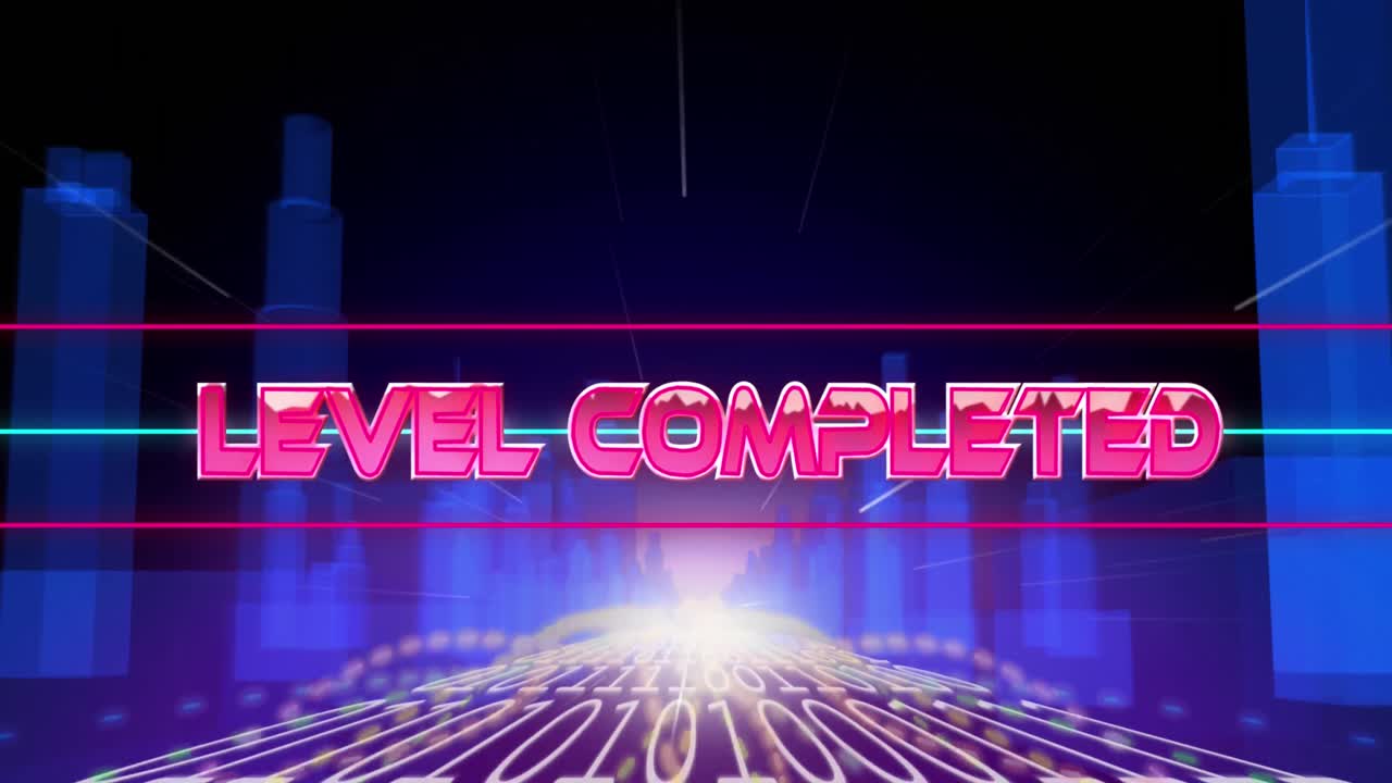 레벨 완료 텍스트의 애니메이션과 검은 바탕에 3d 건물 위에 루핑 바이너리 코드