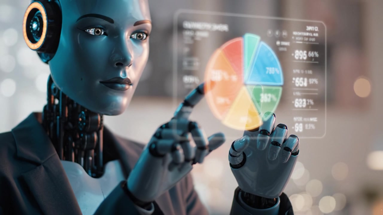 A futuristic humanoid robot interacts with a digital interface, showcasing advanced technology and data visualization concepts essential for modern robotics and automation.