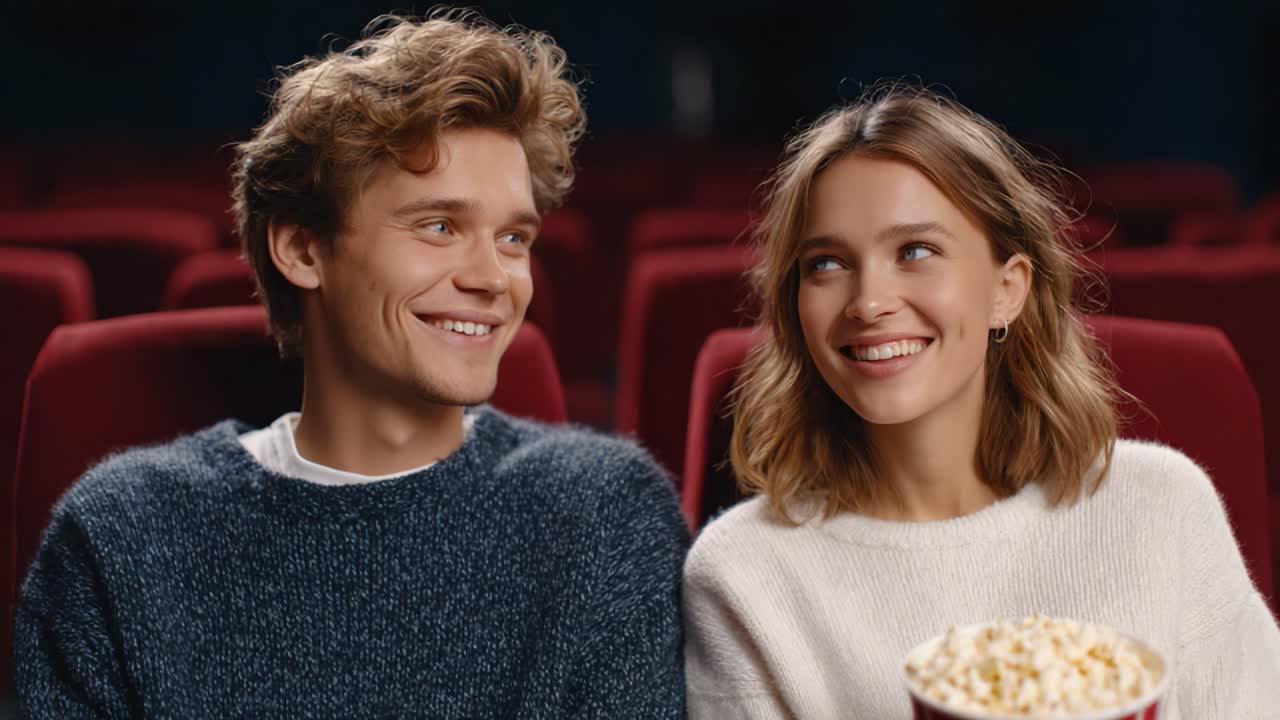 Joyful Moments at the Movies: A Couple Enjoying Each Other's Company While Sharing Popcorn in a Cozy Cinema Setting