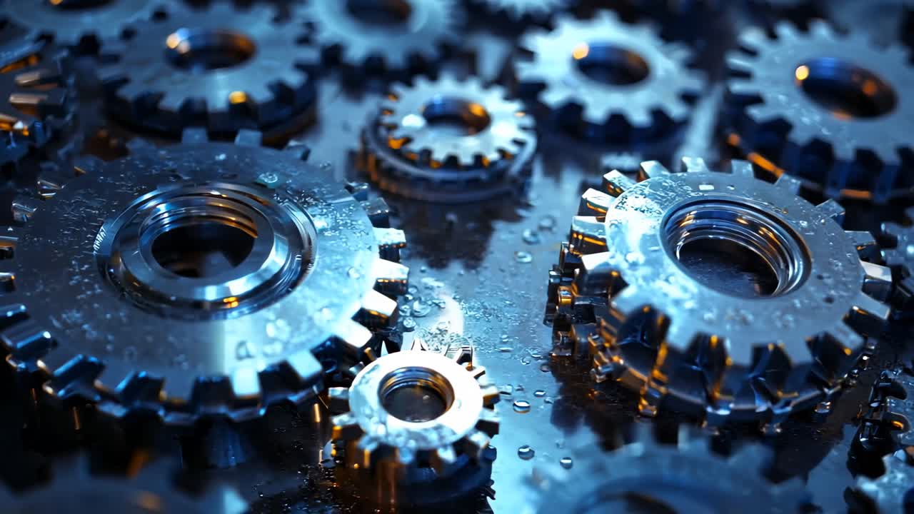 A close up of many blue gears. Concept of precision and order, as the gears are all neatly arranged and aligned. The blue color of the gears adds a sense of calmness and stability to the scene
