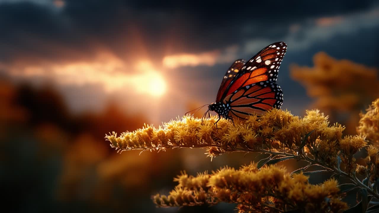 Un'affascinante farfalla monarca appoggiata su vivaci fiori dorati sotto un tramonto mozzafiato, che mette in mostra la bellezza della natura e il volo degli insetti in una scena pacifica.