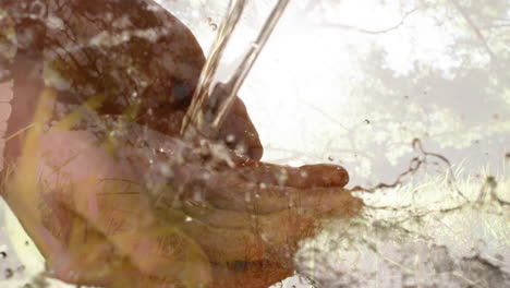 animation shows man washing hands amid covid-19, with nature backdrop.