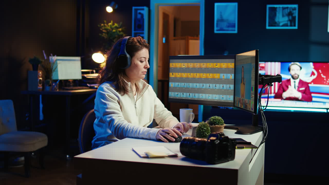 fotógrafo independiente que edita fotografías profesionales, trabajando en su estudio doméstico