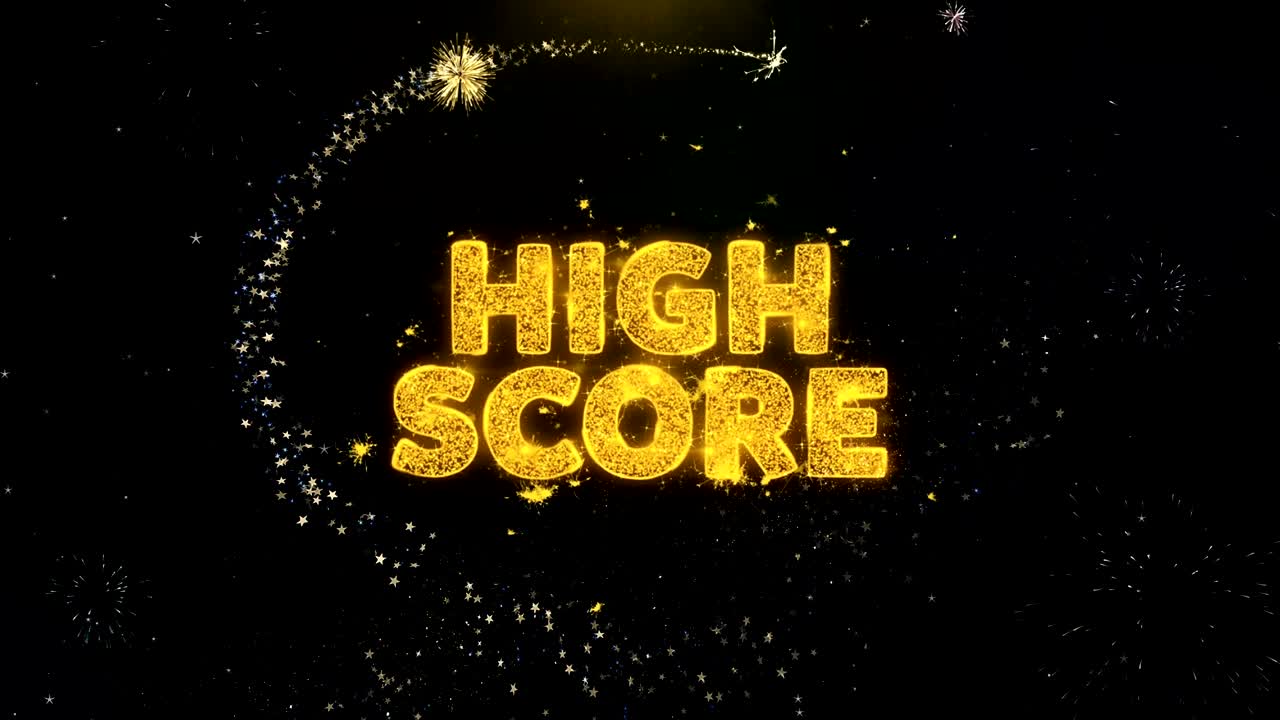금 입자 불꽃놀이 디스플레이에 높은 점수 텍스트.