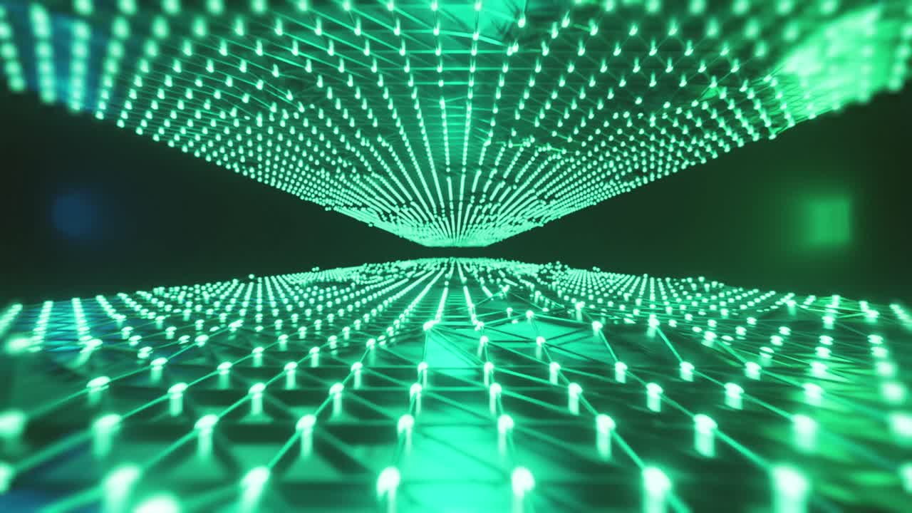 Animation of glowing green mesh of light trails moving on black background