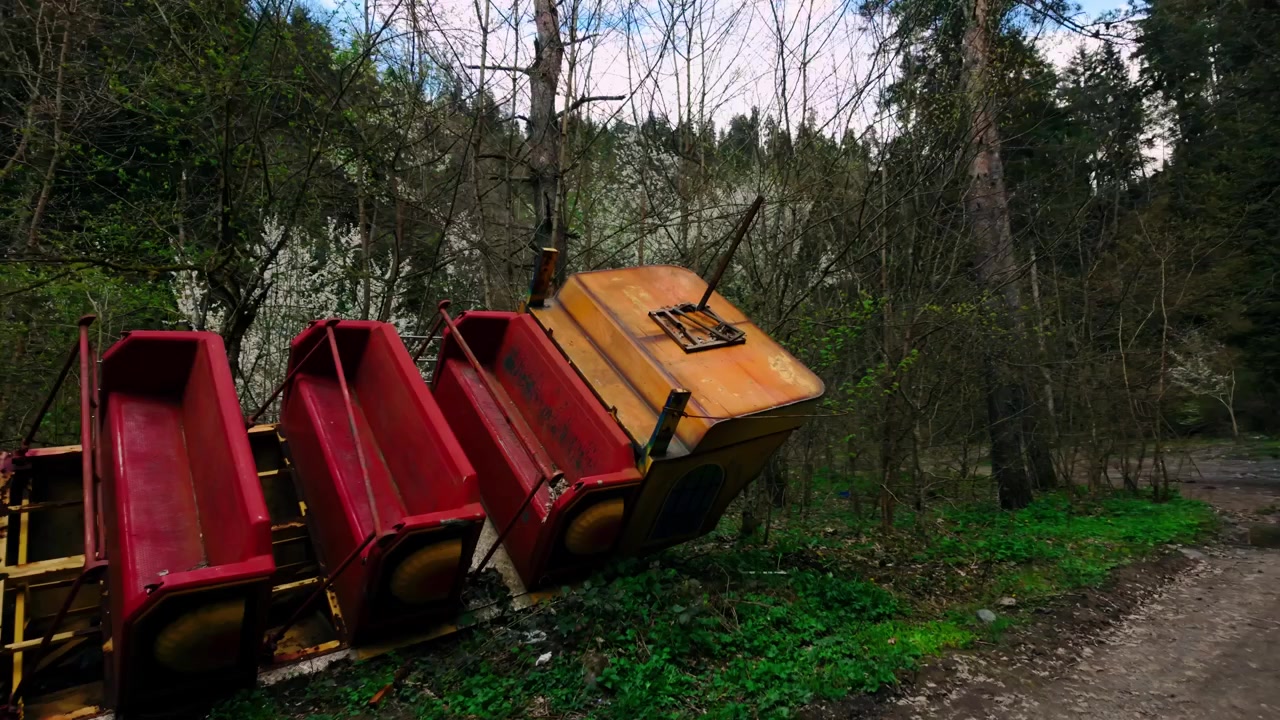 Vista ravvicinata dei distintivi vagoni rossi di una giostra abbandonata a forma di nave pirata. Queste carrozze logore e rotte sono annidate in una fitta foresta, circondate da sottobosco verde