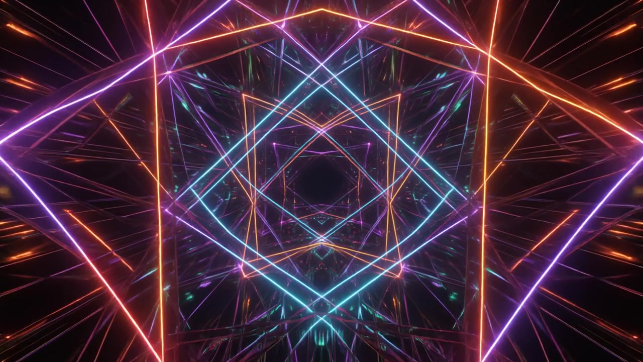 Tunnel astratto di luce al neon con cornici quadrate geometriche