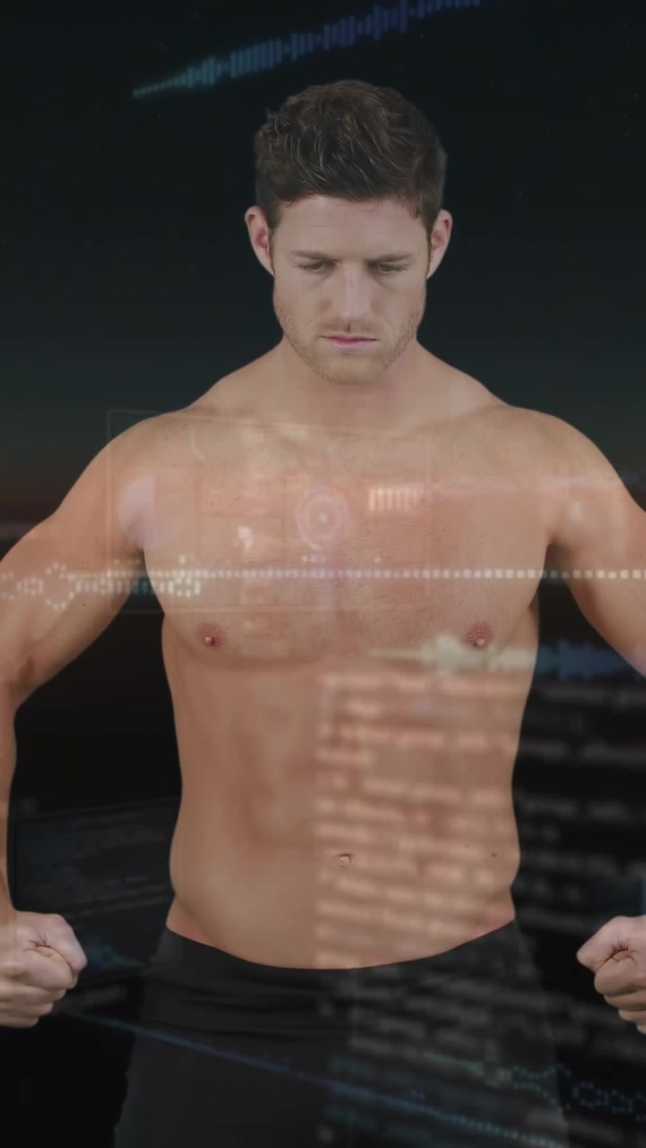 Video verticale: Uomo che mantiene una posa all'avvio del sensore mentre un HUD scansiona il busto mostrando metriche di fitness.