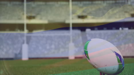 In stadium, rugby ball on kicking tee ready for play, animation scene