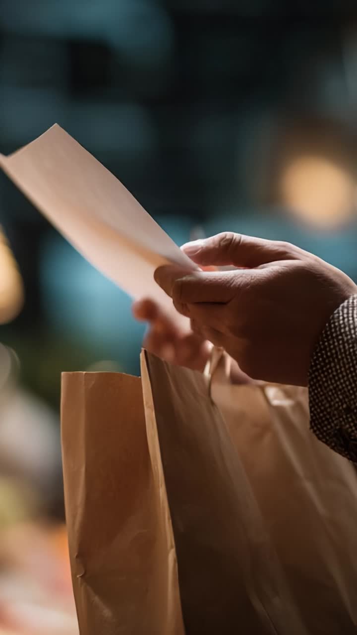 A person examining a piece of paper while holding brown paper bags in a softly lit environment, suggesting anticipation or receipt of delivery items