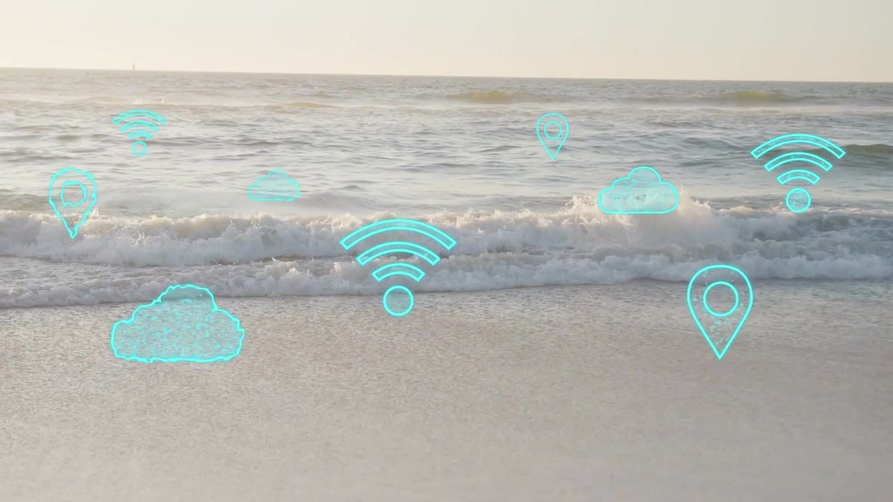 Singola icona Wi-Fi ciano che appare vicino alla riva, icone che fluttuano verso l'esterno e formano uno strato di copertura